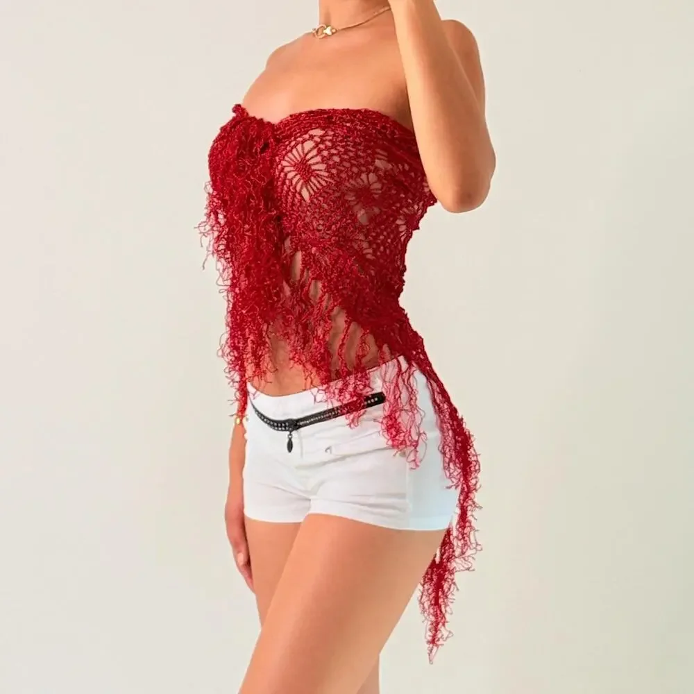 Red Knitted Shawl/ Cover Up